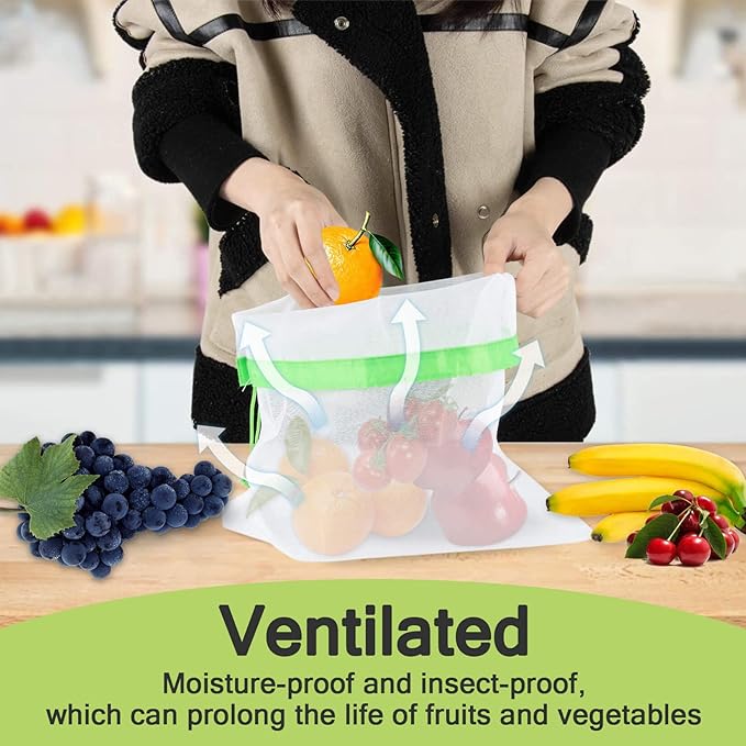 MAQIHAN 6pcs Reusable Produce Bags - Mesh Produce Bags Drawstring Reusable Washable Vegetable Storage Bags Refrigerator Keep Fresh Grocery Food Fruits Veggie Green Net Bag Toy Storage Zero Waste Shop