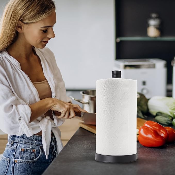 Stainless Steel Black Paper Towel Holder Designed for Easy One-Handed Operation - This Sturdy Weighted Paper Towel Dispenser Countertop Model Has Suction Cups and Holds All Paper Towel Rolls