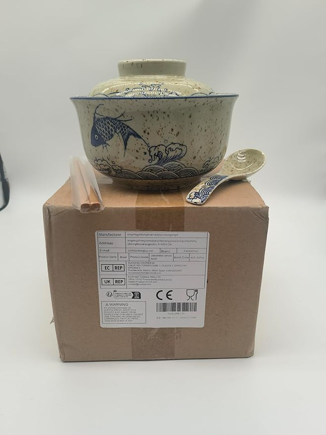 Ceramic Ramen Bowl Set, 800ml, with Lid, Spoon and Chopsticks, Japanese Vintage Large Soup Bowls Instant Noodle Bowl Asian Tableware (Fish*1)