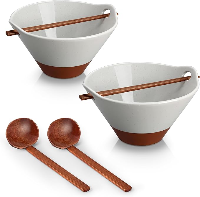 MALACASA 42 oz Ceramic Ramen Bowl Set with Wooden Spoon & Chopsticks, Japanese Style Soup Bowls for Ramen, Pho, Noodles – Set of 2, Microwave & Dishwasher Safe, Series TARA (Gray and Khaki)
