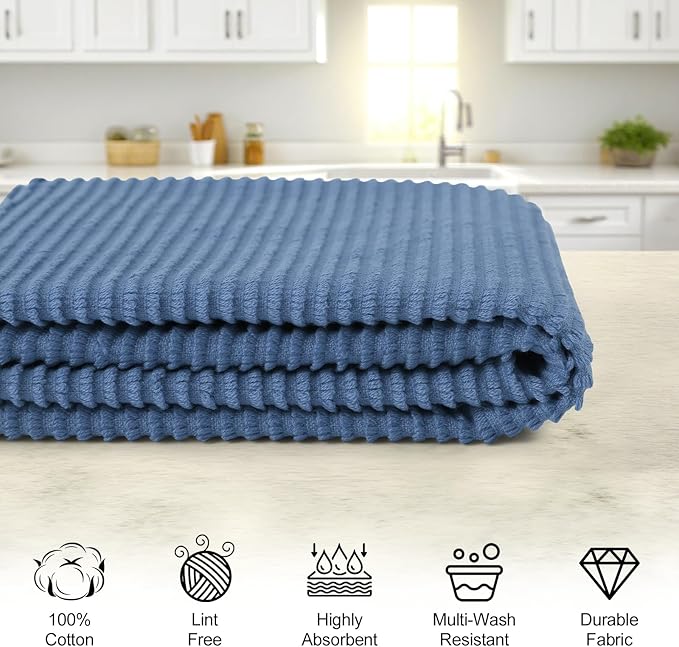 Homaxy Premium Kitchen Towels (18"x 28", 12 Pack), Large 100% Cotton Kitchen Hand Towels, Ultra Absorbent Ribbed Terry Tea Towels Set with Hanging Loop, Navy Blue