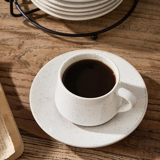 SIDUCAL Stackable Cappuccino Cup Set of 6 [4 oz] Ceramic Coffee Cups with Saucers and Cup Holder,Microwave/Dishwasher Safe,Espresso Demitasse Cups(White)