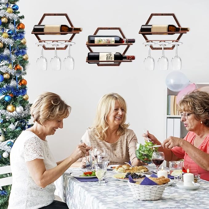 2Pcs Wall Mounted Wine Bottle Rack, Metal Hanging Wine Display Holder Organizer, Red Wine Racks for Home Kitchen Bar Decor Storage (Retro Brown AA)