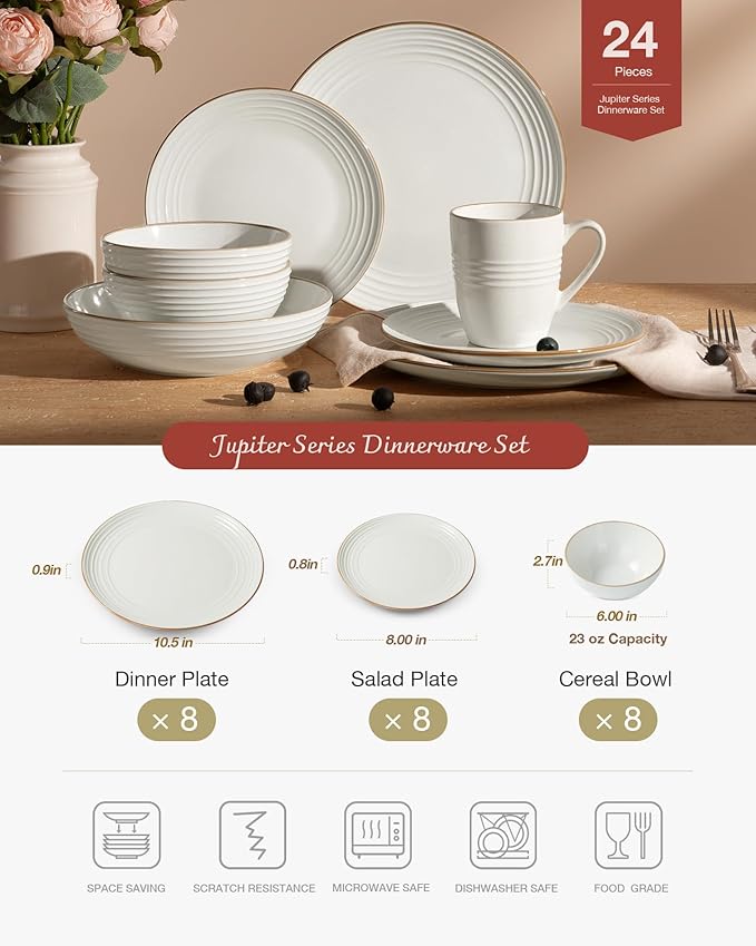 Famiware Jupiter Dinnerware Set, Plates and Bowls Dish Sets for 8 (24 Pieces), Microwave and Dishwasher Safe Stoneware Speckled Tableware, Chip and Scratch Resistant, White