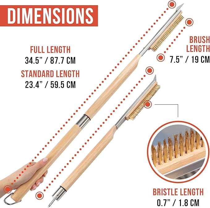 Chef Pomodoro Pizza Oven Brush with Scraper - Adjustable Handle (55cm to 87.7cm), Pizza Stone Brush, Pizza Oven Cleaning Brush, Outdoor Pizza Oven Accessories for Pizza Stones, BBQ Grill, and Ovens