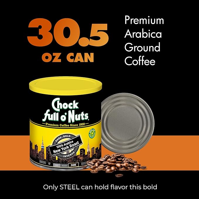 Chock Full o’Nuts New York Roast, Dark Roast Ground Coffee – Gourmet Arabica Coffee Beans – Bold, Full-Bodied and Intense Coffee (30.5 Oz. Can)