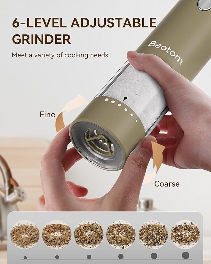 Electric Salt and Pepper Grinder Set with Dual Charging Base, 6 Adjustable Coarseness Levels & External Grind Settings, One-handed Operation Salt and Pepper Mills with LED Light,Brown