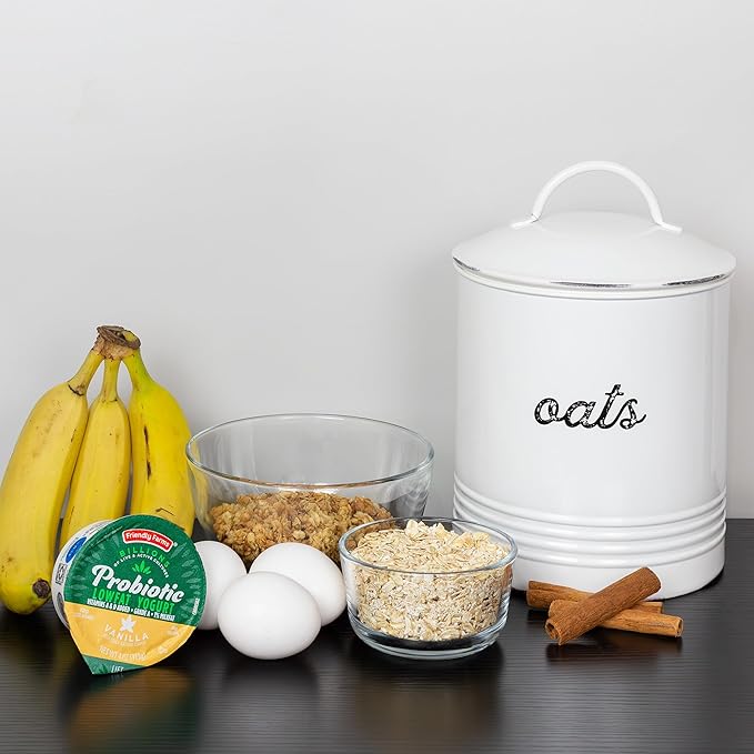 AuldHome Design Farmhouse Enamelware Oatmeal Canister (White); Rustic Distressed Style Oats Storage for Kitchen