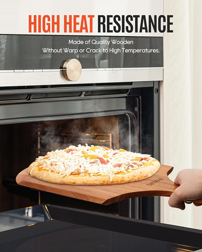 12 Inch Natural Wooden Pizza Peel - Paddle Spatula Oven Accessory for Transferring & Serving - Wood Cutting Board for Cheese, Bread, Fruit