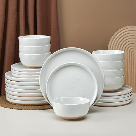 24 Pieces Farmhouse Stoneware Dinnerware Set for 8, Speckled Ceramic Plates and Bowls Set, Matte Terracotta Underside Ceramic Dish Set Scratch Resistant Microwave Dishwasher Safe (Daylight)