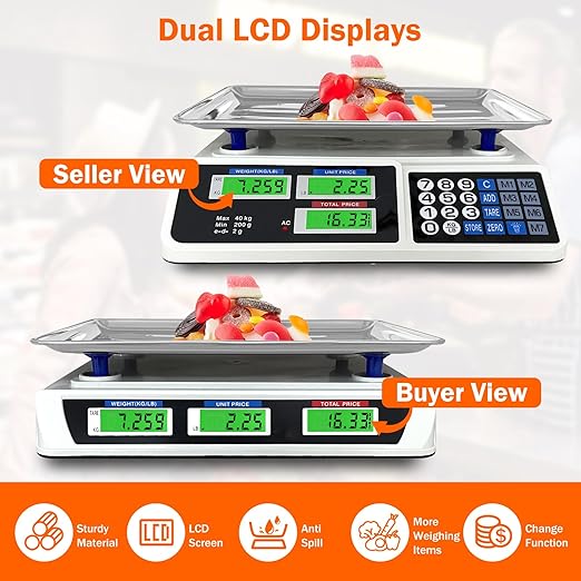 88lb/40kg Price Computing Scale, Digital Price Computing Scale with Stainless Steel Large Platform, Weight Food Kitchen Scale with Dual LCD Display for Farmers Market, Retail Outlets, Meat Shop, Deli