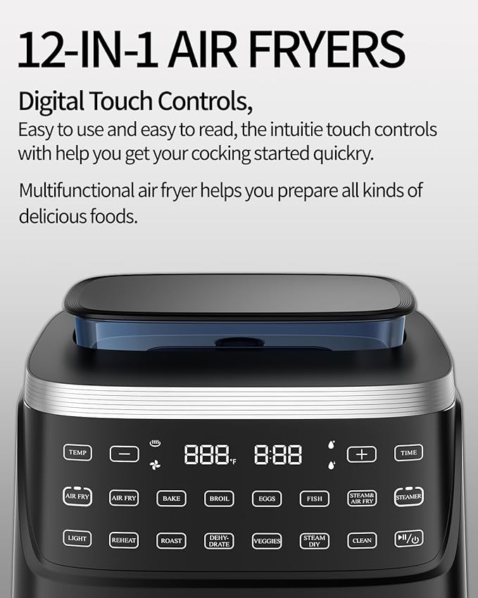 12-IN-1 Large Air Fryer, Non Toxic Steam Air Fryers with Superior Airflow, Self-Cleaning Smart Digital Air Fryer, Air Fry, Roast, Reheat, Dehydrate, Air Crisp Technology with 420F, 7.5 QT