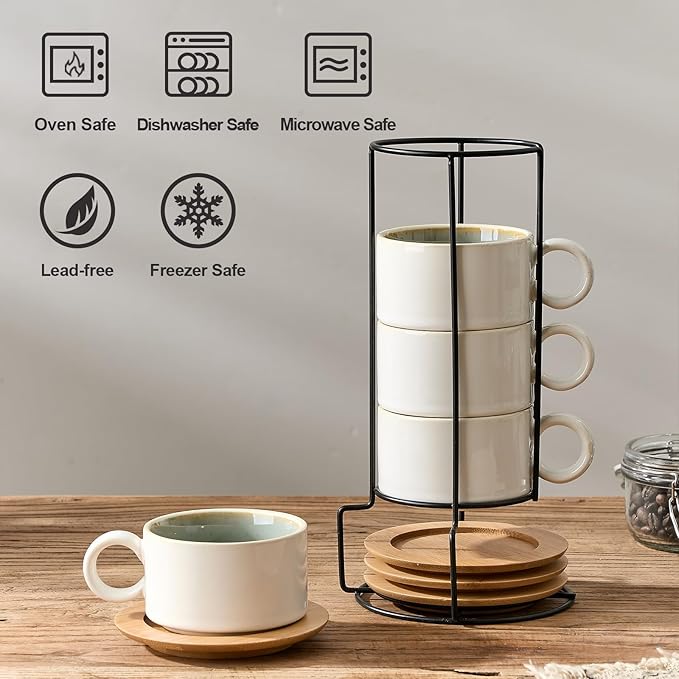 LUKA 6 Ounce Porcelain Stackable Espresso Cups with Saucers and Metal Stand Set of 4, Ceramic Cappuccino Cups Set for Specialty Coffee Drinks, Latte, Cafe Mocha and Tea, White Green Interior