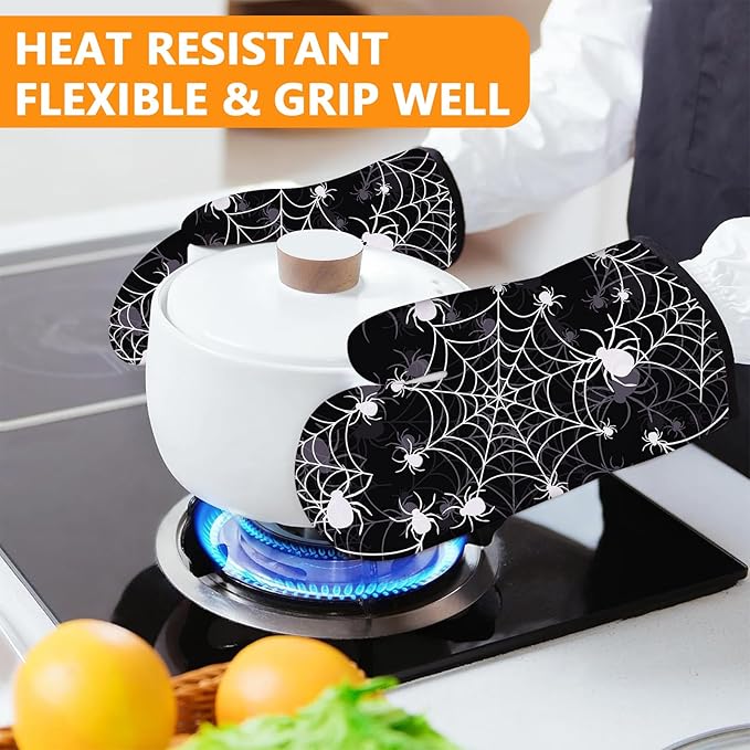 Spider Web Oven Mitts and Pot Holders Sets 4Pcs,Extra Long Oven Gloves Potholder for Kitchen Cooking Baking BBQ 100% Cotton Heat Resistant