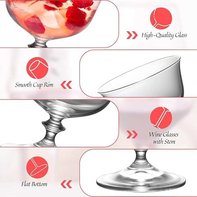 KAMMAK Cocktail Glasses Set of 2, 10oz Crystal Dessert Glass with Short Stem, Classic Glassware for Ice Cream, Mixed Drinks, Modern Bar Drinkware for Party, Beach, Anniversary