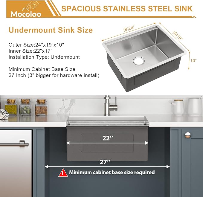 Mocoloo 24 Inch Undermount Kitchen Sink - 24 x 19 Bar Sinks Stainless Steel 16 Gauge Single Bowl Under Counter Small Kitchen Sink Workstation 10'' Deep Handmade Basin
