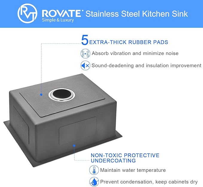 ROVATE 22 x 18 inch Kitchen Sink Undermount Single Bowl, 304 Stainless Steel Bar or Prep Kitchen Sink Handmade with Strainer