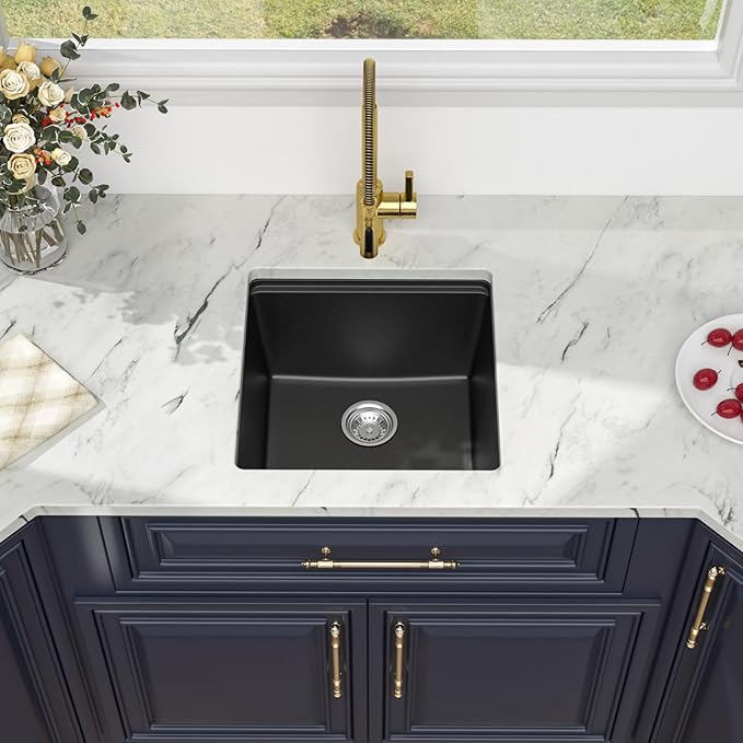 Kichae Black Undermount Bar Sink - 18 x 18 Black Composite Granite Undermount Wet Bar Prep Kitchen Sink