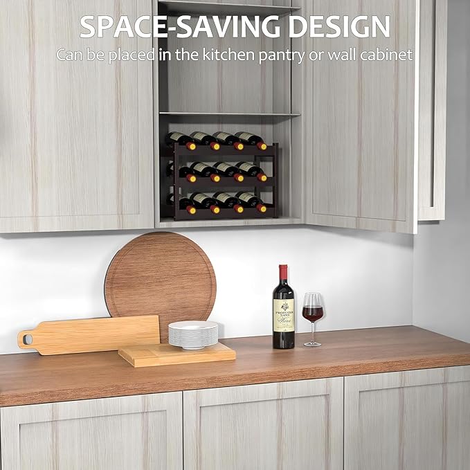 Bamboo Wine Rack Countertop, 3-Tier 12 Bottles Wine Storage Shelf for Kitchen Pantry Cabinet - Dark Brown