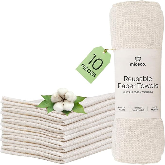 10 Pack Kitchen unPaper Towels Washable - Super Absorbent Natural Paper Towels - Natural Cotton - Reusable, Paperless Kitchen Dish Cloths - 100% Organic