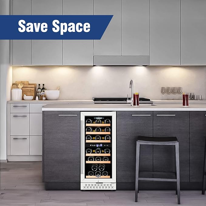 Tylza Mini Fridge 15 Inch Wine Cooler Under Counter, 33 Bottle Dual Zone Wine Fridge with Stainless Steel, Wine Refrigerator Freestanding, Built-in Wine Cellars