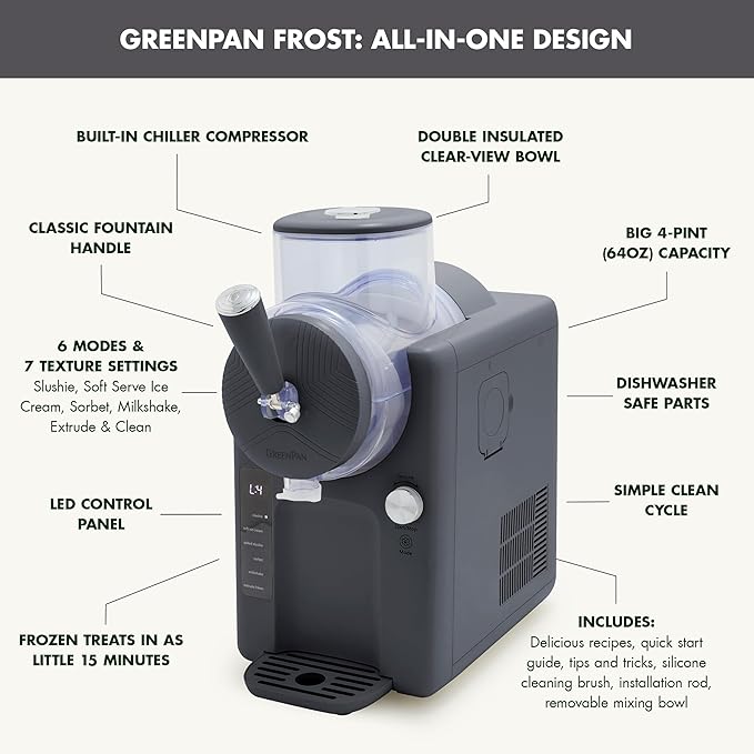 GreenPan Frost Ice Cream Machine & Frozen Drink Maker, Soft Serve, Slushie, Milkshakes & Cocktails, No Freezer Needed, 15-in-1, 7 Textures, Quiet & Rapid, Easy Clean, Family Size, Licorice Gray