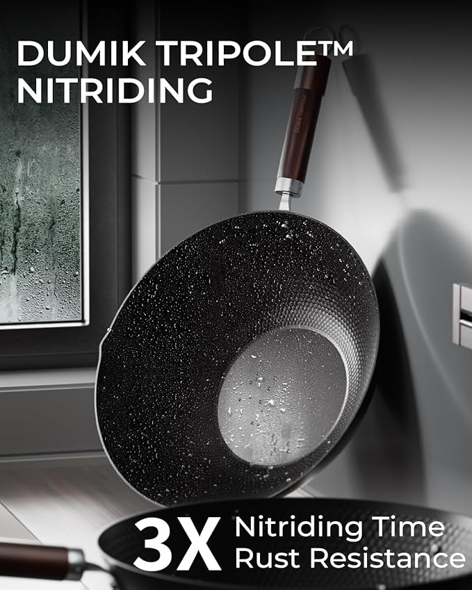 Carbon Steel Wok Pan, Tripole Nitrided Pre-Seasoned Flat Bottom Woks & Stir-Fry Pans Nonstick, Chinese Wok with Glass Lid for All Stovetops, Gift for Chef - 11.8 Inch