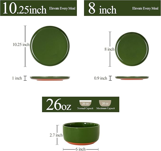 6 Piece Ceramic Dinnerware Set for 2, Modern Minimalist Stoneware Dinner Plates and Bowls, Microwave Safe, Dishwasher Safe, Versatile for All Seasons, Forest Glaze Green