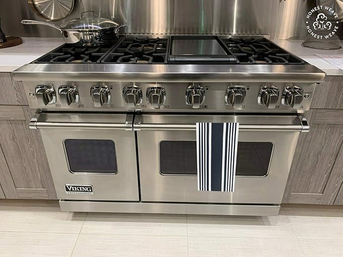 GOTS Certified Organic Cotton Kitchen Hand and Dish Towel Sets - Oversized 20x30 inches, Fully Hemmed, in Designer Colors, 6-Pack, Black Stripe