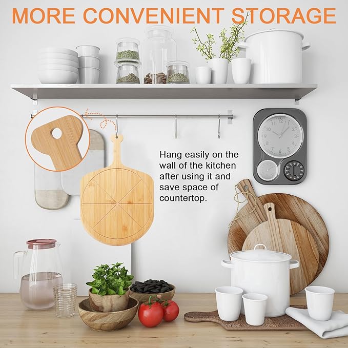 Bamboo Pizza Peel - 18.5"x12.2" with 12" Pizza Cutting Board, Pizza Paddle Spatula with 8 Slice Grooves, also fit for Cheese Bread Fruit Vegetables