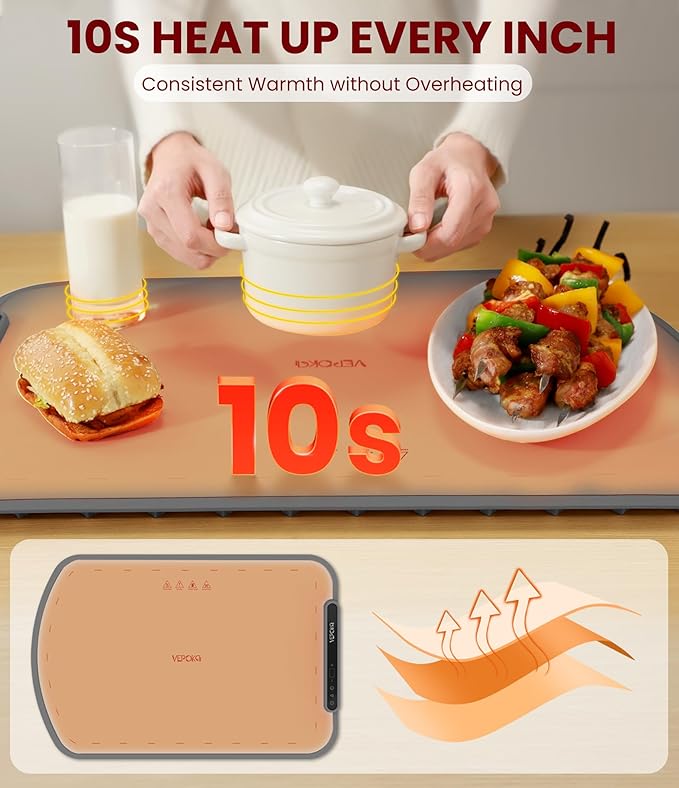 Food Warming Mat for Buffet, VEPOKA Food Warming Mats for Countertop, Silicone Heating Mat with 7 Temperature Levels& Auto Shut-Off, Food Warmers for Parties, Gatherings, Everyday Use