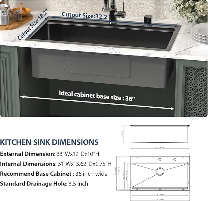 Lordear 33 Inch Black Drop In Kitchen Sink 33x19 Inch Drop in Top Mount Sink 16 Gauge Stainless Steel Single Bowl Ledge Worktation Kitchen Sinks Handmade Deep Basin With Cutting Board, 33"x19"x10"