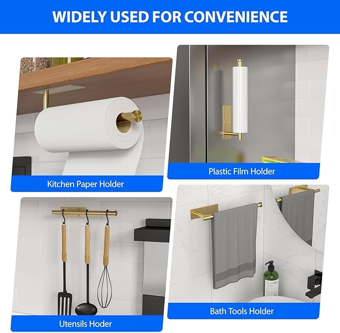Paper Towel Holder Under Cabinet, Self-Adhesive,No Drilling, Stainless Steel, Wall-Mounted for Kitchen and Bathroom, Easy Install, Durable, Space-Saving, Ideal for Home, RV (Gold, 2 Pack)