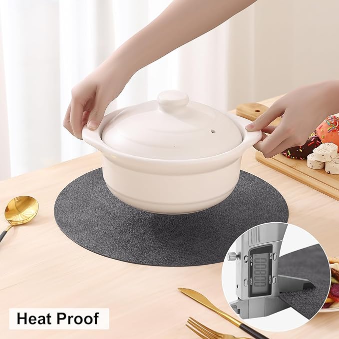 homing Round Faux Leather Placemat and Coaster 4 Packs, Washable Heat Resistant Dining Place Mats, Wipeable Double-Sided Table Mats for Indoor and Outdoor, Diameter 13 and 3.93 inch, Charcoal