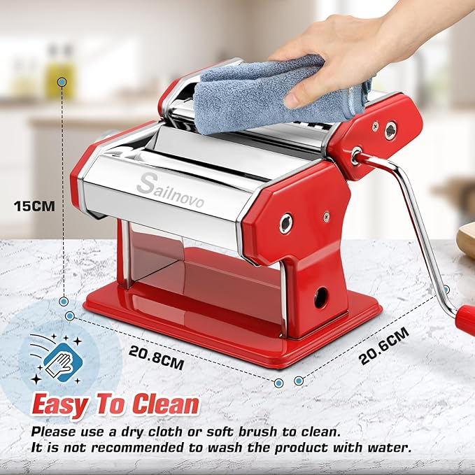 Sailnovo Pasta Maker Machine, 180 Roller Pasta Maker, 9 Adjustable Thickness Settings 2-in-1 Noodles Maker with Rollers and Cutter, Perfect for Spaghetti, Fettuccini, Lasagna or Dumpling Skin Red