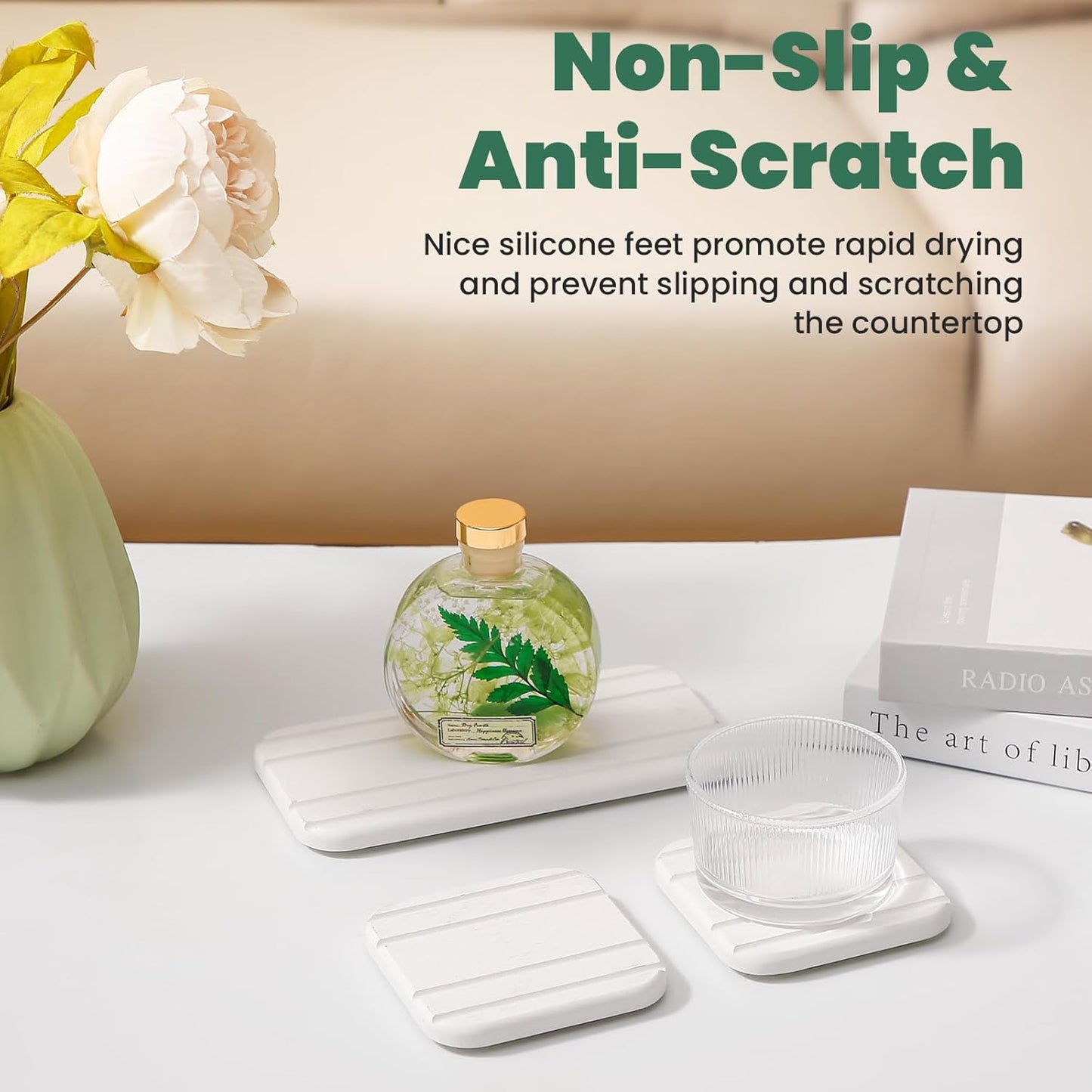 3PCS Water Absorbing Diatomaceous Earth Tray for Sink, Fast Drying Soap & Toothbrush Holders for Bathroom Counter, 1 Stone Tray, 2 Stone Coasters