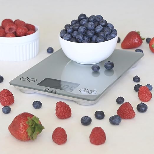 Escali Arti Glass Food Scale Digital Countertop Kitchen, Baking and Cooking Scale with Nutrition and Calorie Counter, 15-Pound Capacity, 9" x 6.5" x .75", Shiny Silver