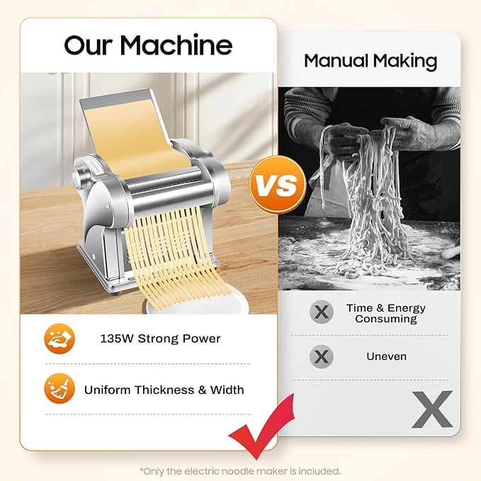 Pasta Maker Machine, Manual Roller Pasta Maker with Adjustable Thickness, 2-in-1 Electric Noodle Maker with 2 Cutters for Spaghetti, Fettuccini, Lasagna or Dumpling
