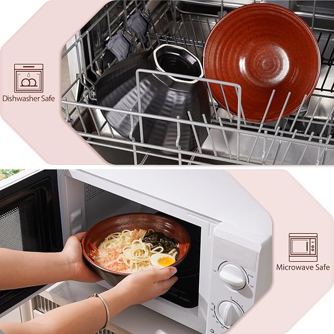 NUTRIUPS Ceramic Ramen Bowl Set of 2 Noodles Bowl with Chopsticks and Spoons, 50oz Large Ramen Bowl- Rusty Red Brown