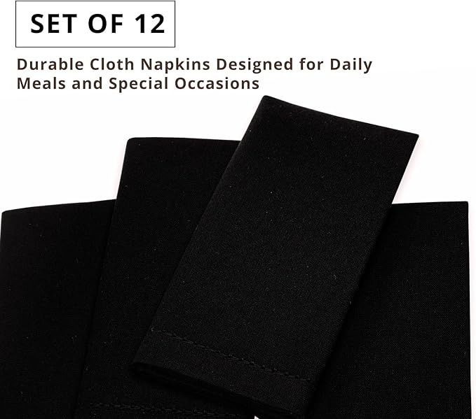PurpleEssences Set of 12 Hemstitch Cloth Dinner Napkins 100% Cotton - Soft Durable Washable - Ideal for Wedding Christmas Holiday Winter - Perfect Everyday Use Table Linen 18x18 - Black