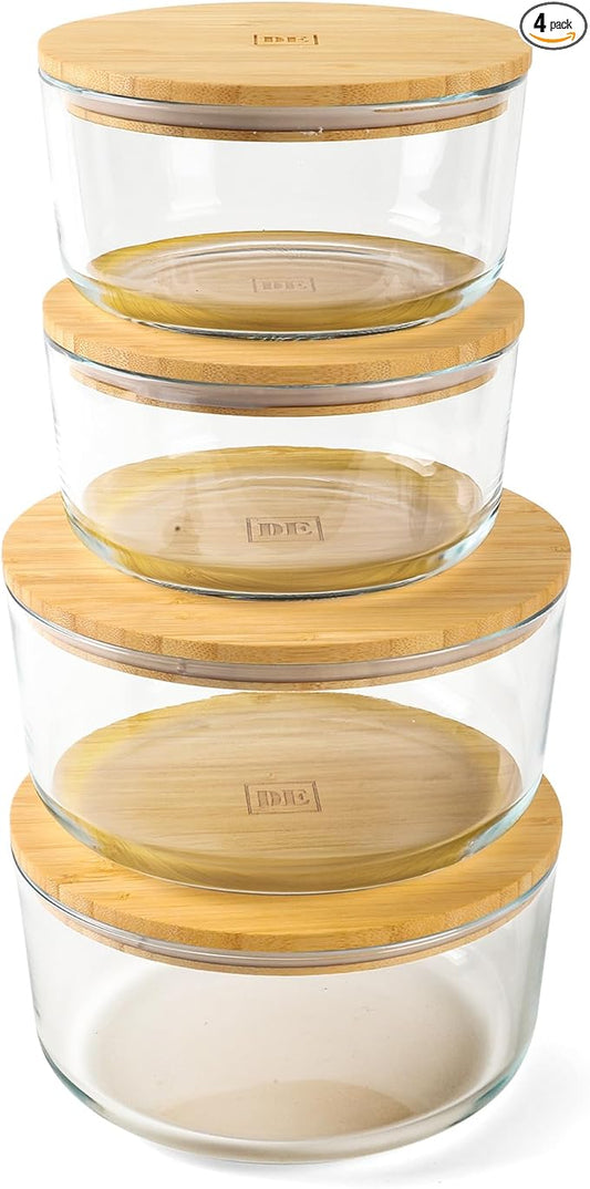 DE Glass Food Storage Containers with Bamboo Lids – 4 Pack Round (2x33oz + 2x60oz) – BPA-Free Borosilicate Glass Meal Prep Containers – Plastic-Free, Oven, Microwave, Freezer Safe