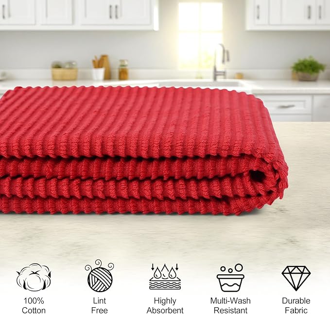 Homaxy Premium Kitchen Towels (18"x 28", 6 Pack), Large 100% Cotton Kitchen Hand Towels, Ultra Absorbent Ribbed Terry Tea Towels Set with Hanging Loop, Red