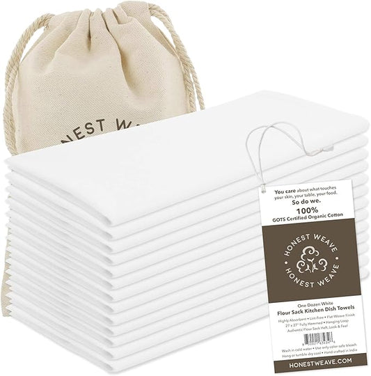 GOTS Certified 100% Organic Flour Sack Cotton Kitchen Hand and Dish Towel Sets - Extra Large 27x27 inches, Fully Hemmed, 12-Pack, White