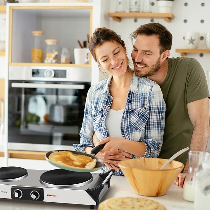 Hot Plate, Techwood Double Burner for Cooking, 1800W Countertop Electric Stoves with Adjustable Temperature & Stay Cool Handles, Dual Cooktop for RV/Home/Camp, Upgraded Version Stainless Steel, Silver