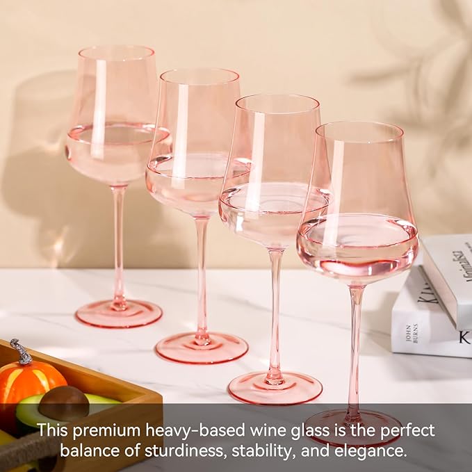 Pink Wine Glasses Set of 6-18oz Hand Blown Blush Pink Wine glasses - Unique Gift for Birthday,Wedding, housewarming