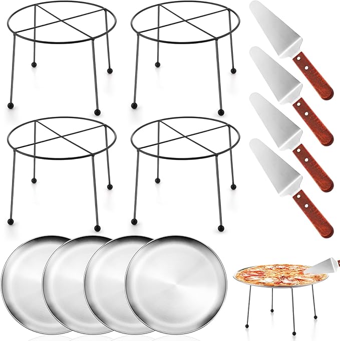 12 Pcs Pizza Stand Set: 4 Metal Stands, 4 Pizza Pans, 4 Spatulas for Weddings, Party(Silver,Round with Legs)