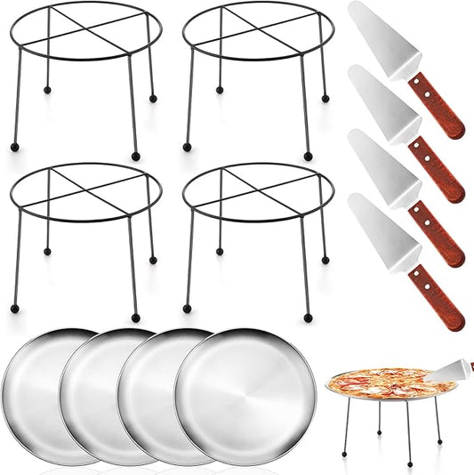 12 Pcs Pizza Stand Set: 4 Metal Stands, 4 Pizza Pans, 4 Spatulas for Weddings, Party(Silver,Round with Legs)