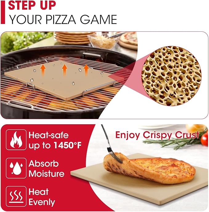 Unicook Pizza Stone for Oven and Grill, 15 x 12 Inch Rectangular Baking Stone for Bread, Cordierite Pizza Pan for Baking Crispy Bread, Pie and Cookies, Includes Carry Rack and Dough Scraper