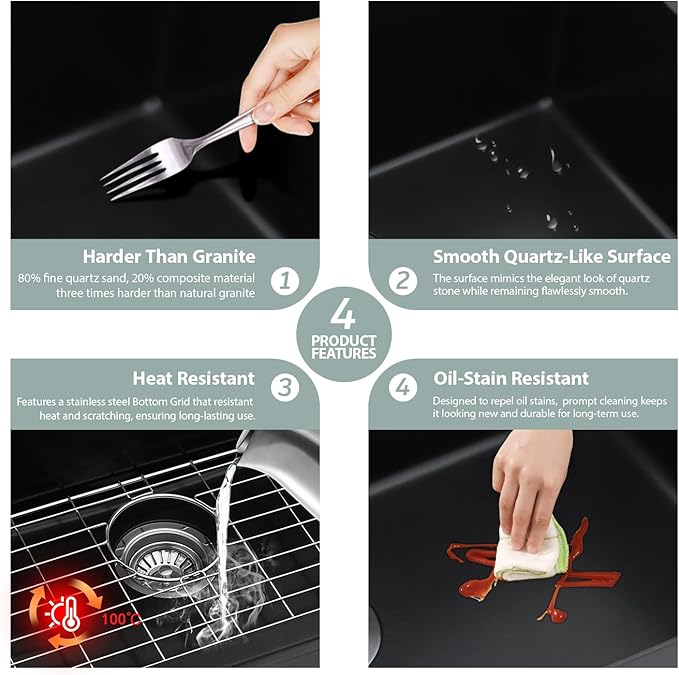 Kichae 32 inch Granite Composite Undermount Kitchen Sink - 32 x 19 Single Bowl Kitchen Sink Matte Black Quartz Workstation