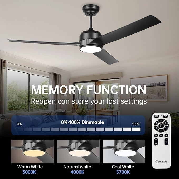 52 Inch Black Ceiling Fan with Filters Lights Remote Control, Quiet DC Motor/Dimmable 3 Colors LED/6 Speed High CFM/3 Blade Indoor Ceiling Fans with Light for Bedroom Living Room Porch